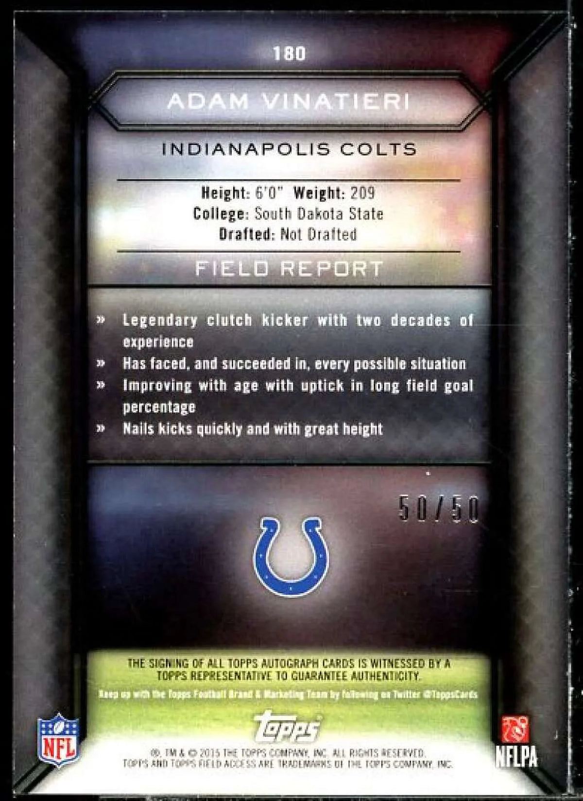 #180 Green Access Adam Card Topps Autographs Vinatieri 2015 Field