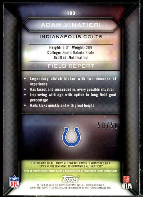 #180 Green Access Adam Card Topps Autographs Vinatieri 2015 Field
