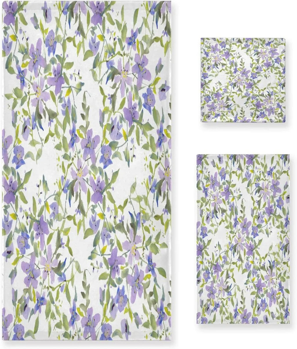 Towels Quick Towel Spa Set 1 & of Towels, Washcloth) Highly Towel, Bathroom Flowers Purple Hand Bathroom 3, Set Bath Towels Soft Beach Dry Wellsay for Absorbent 1 (1 Set Bath