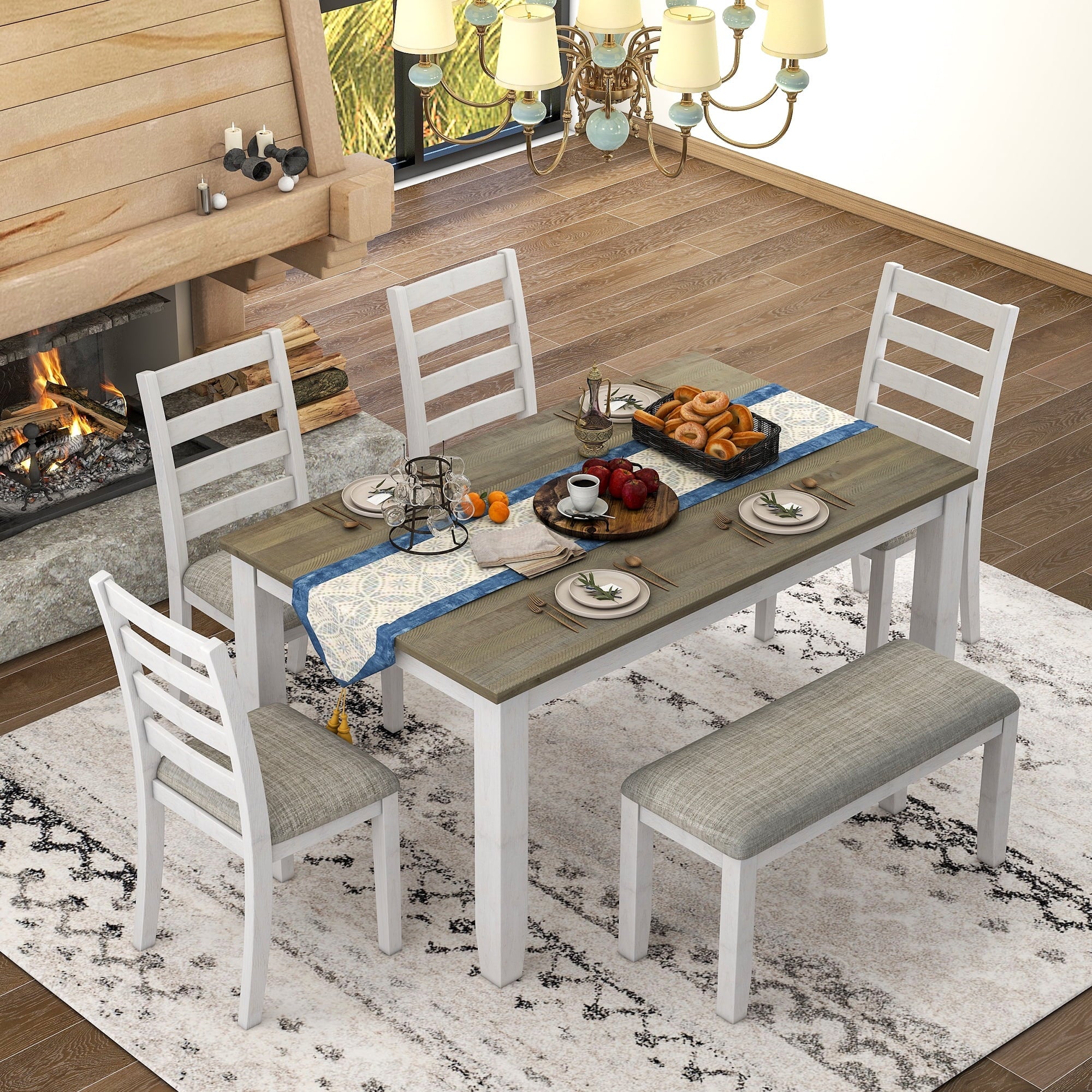 Rustic Upholstered With A 4 CoSoTower Whitewash Table Style Chairs Brown 6-Piece Dining & + Bench, Set Room
