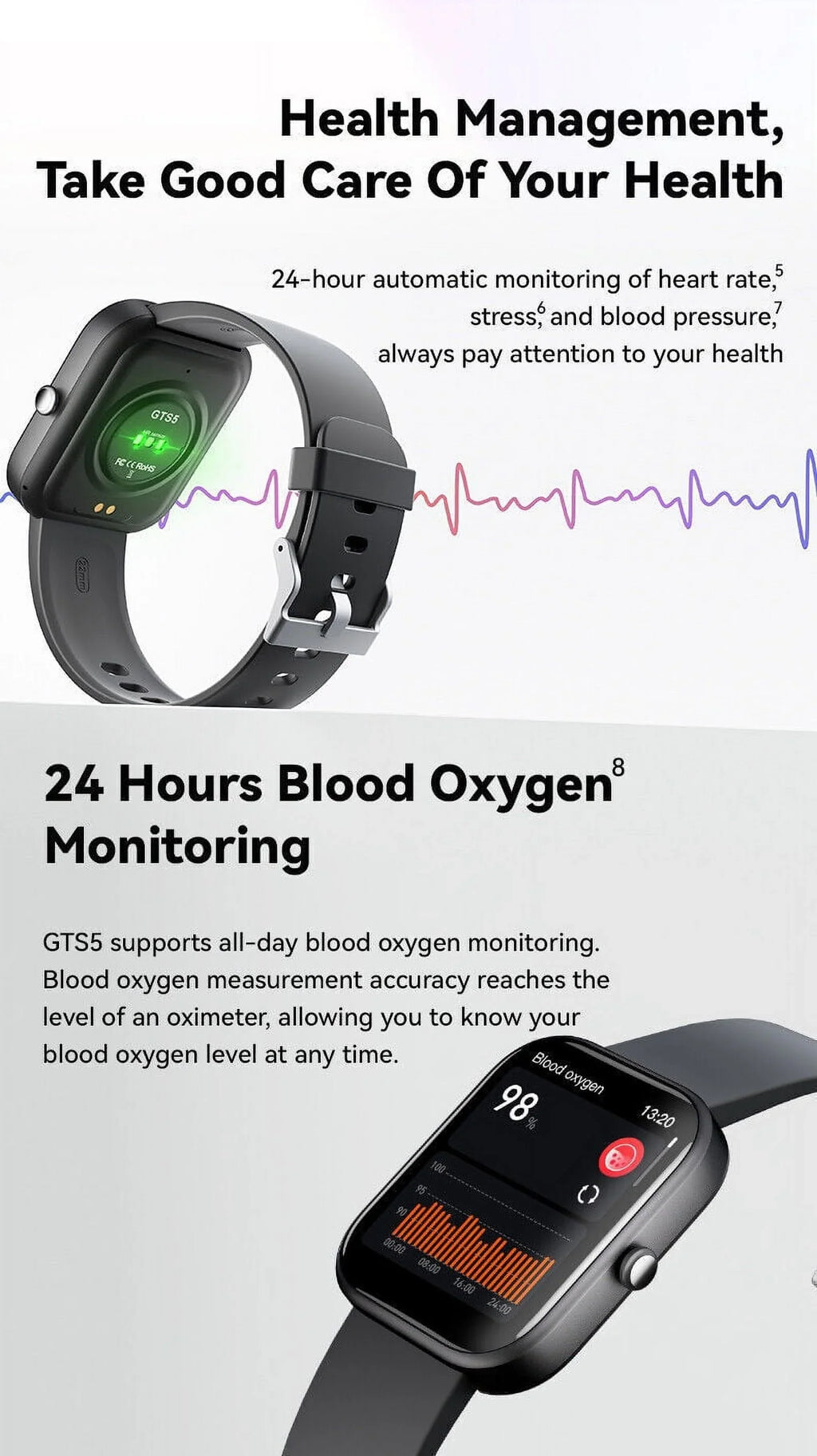 Men Pressure Smart Black Fitness Android iOS Women and Tracker Blood GTS5 Watch for