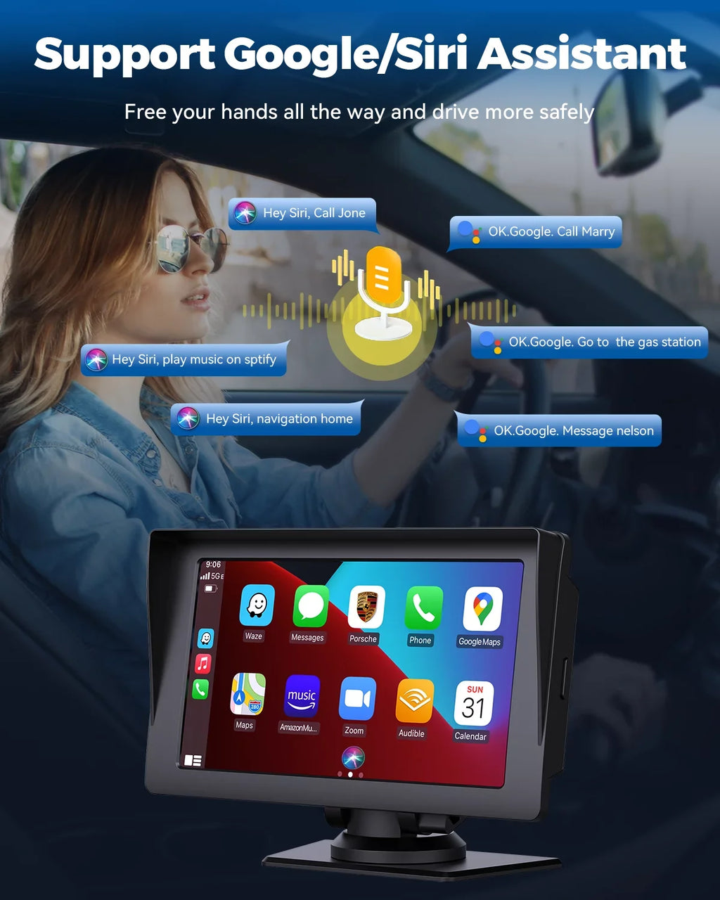 Portable Audio Camera,HD Airplay,Android Car Inch Video,Car GPS with Wireless Reverse Stereo Carplay,1080P Navigation Receivers Portable Auto,Bluetooth,FM, Siri 7 LAMTTO Apple with Car Touchscreen