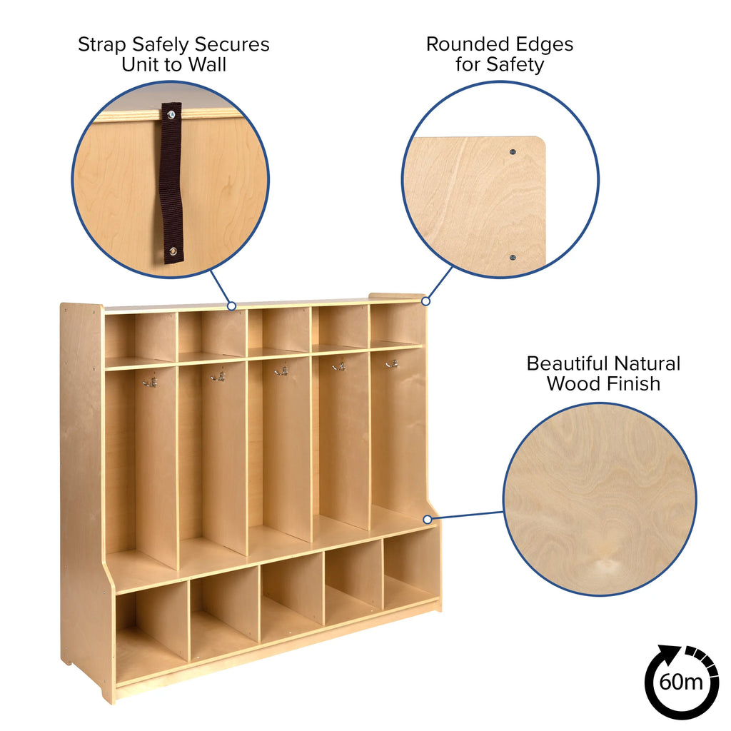 Cubbies, - Kid 48"L Storage Bench, and Friendly Wooden Design (Natural) 48"H BizChair Organizer School Section Hook-Safe, with x 5 Coat Locker