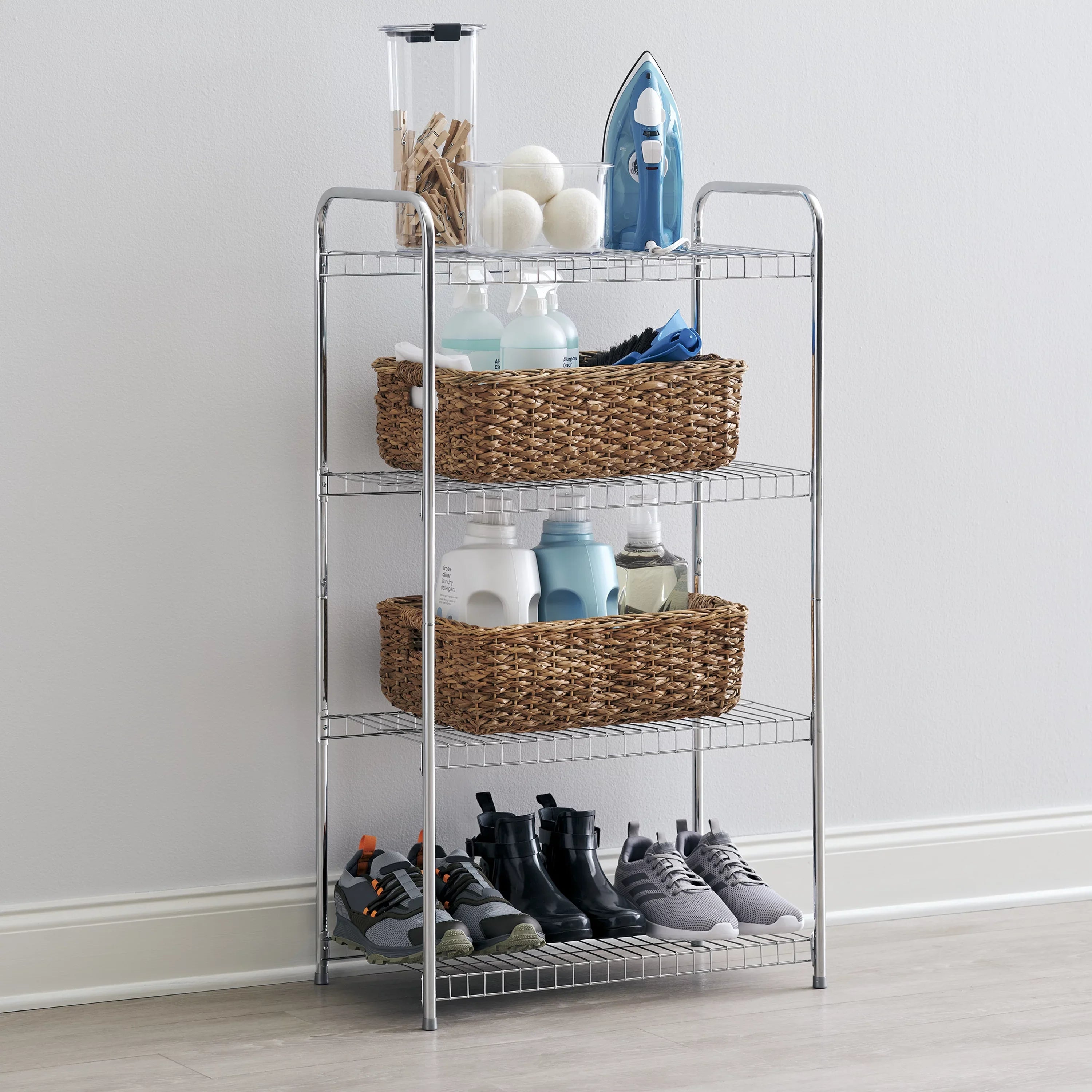 Nickel. Satin Unit, Wire Multipurpose Rubbermaid 4-Tier Shelving Freestanding