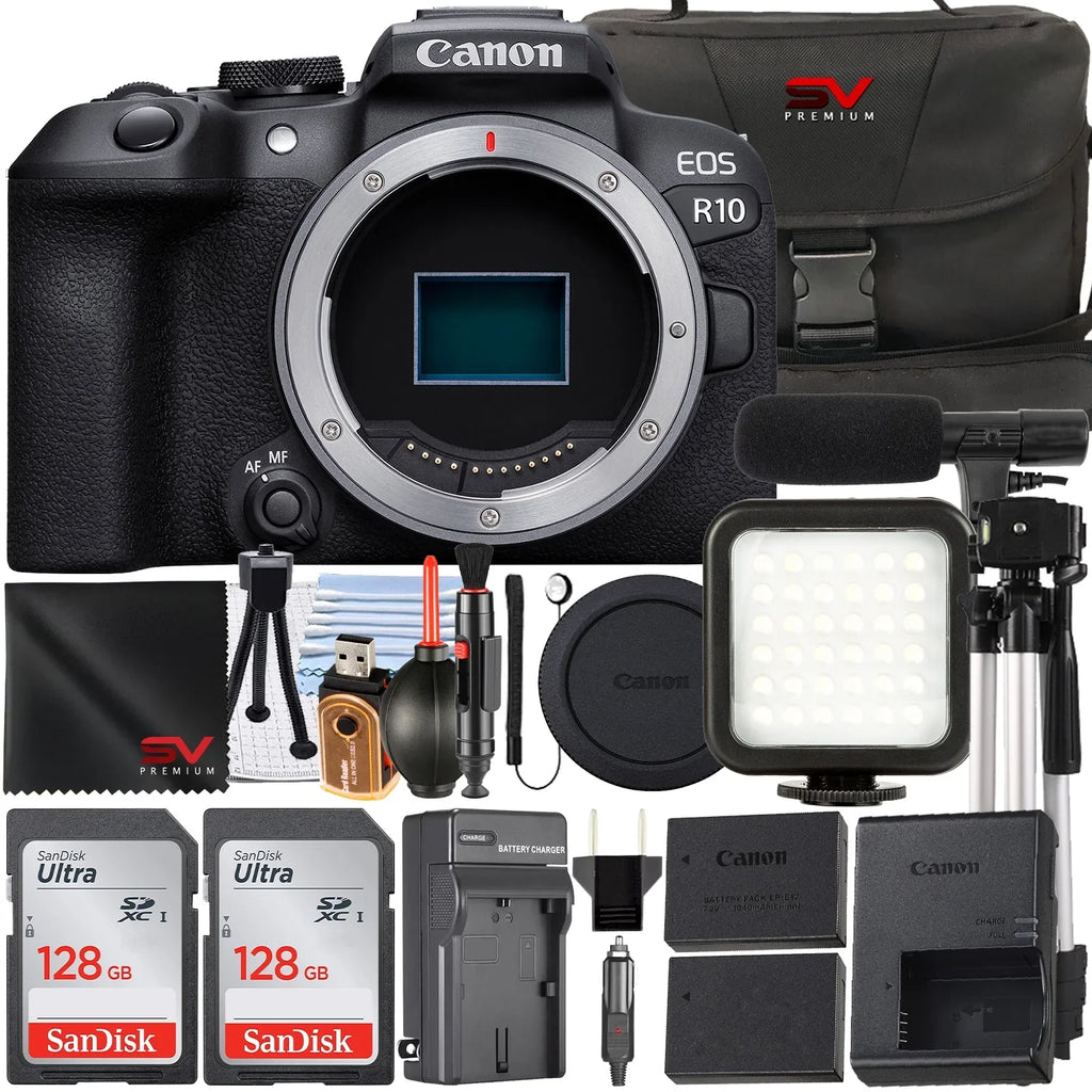 Card Bundle + + Memory EOS Canon 128GB R10 (Body Premium SV + Only) LED Mirrorless Pack SanDisk Accessory Camera Flash 2 with Case