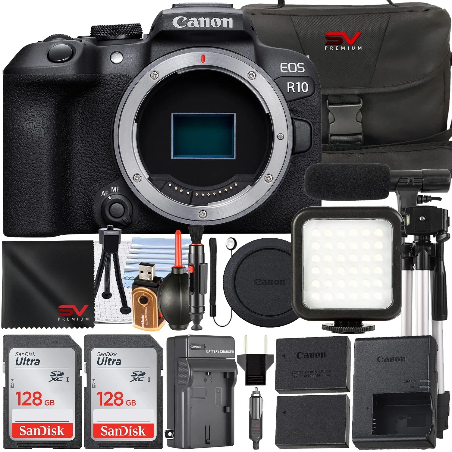 Card Bundle + + Memory EOS Canon 128GB R10 (Body Premium SV + Only) LED Mirrorless Pack SanDisk Accessory Camera Flash 2 with Case