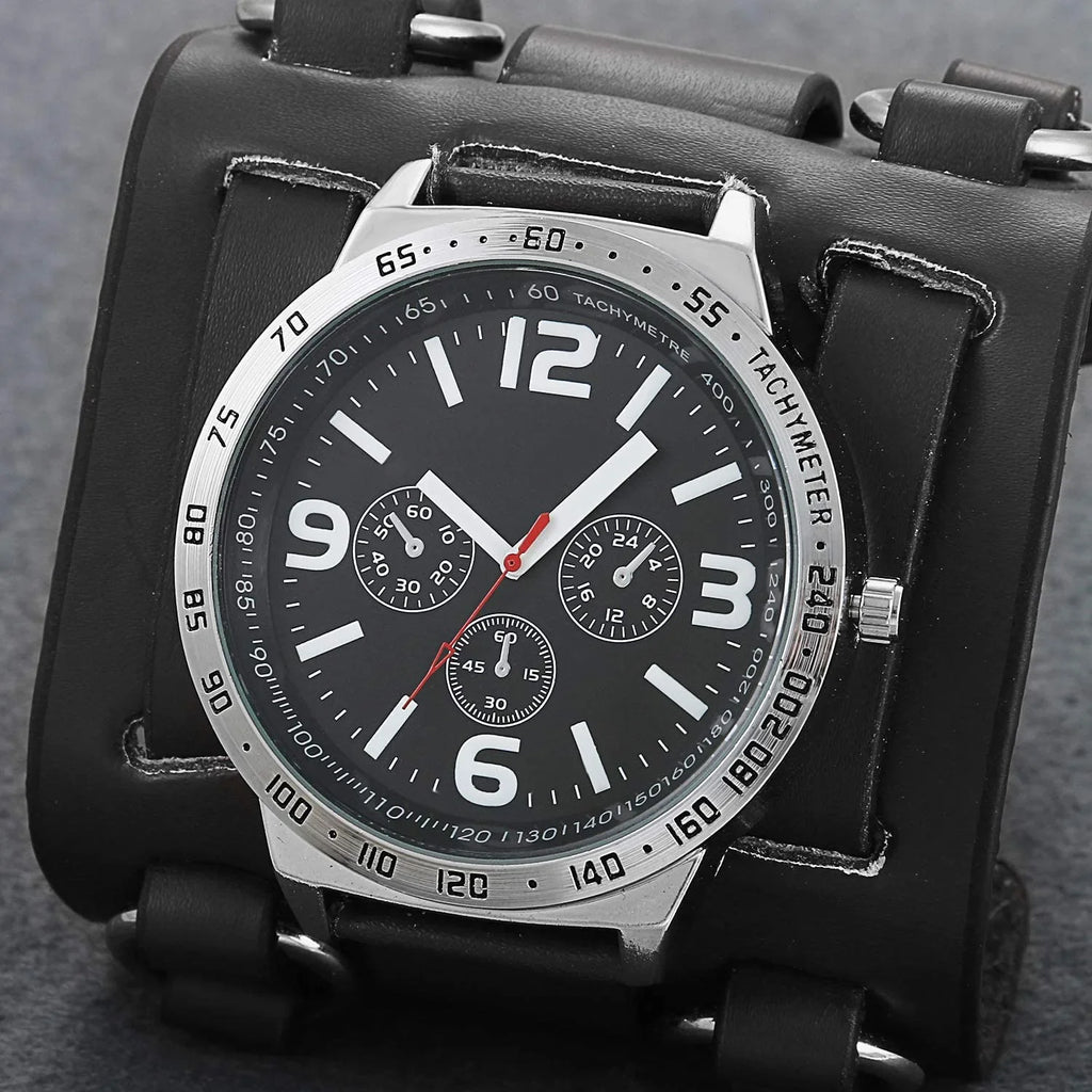 Leather for Costume Watch Watches Hip-hop Big Mens Black Wide Replaceable Halloween Gothic Steampunk Quartz Japan Cuff Dial Sport Wrist Genuine Bracelet Retro Watch Military