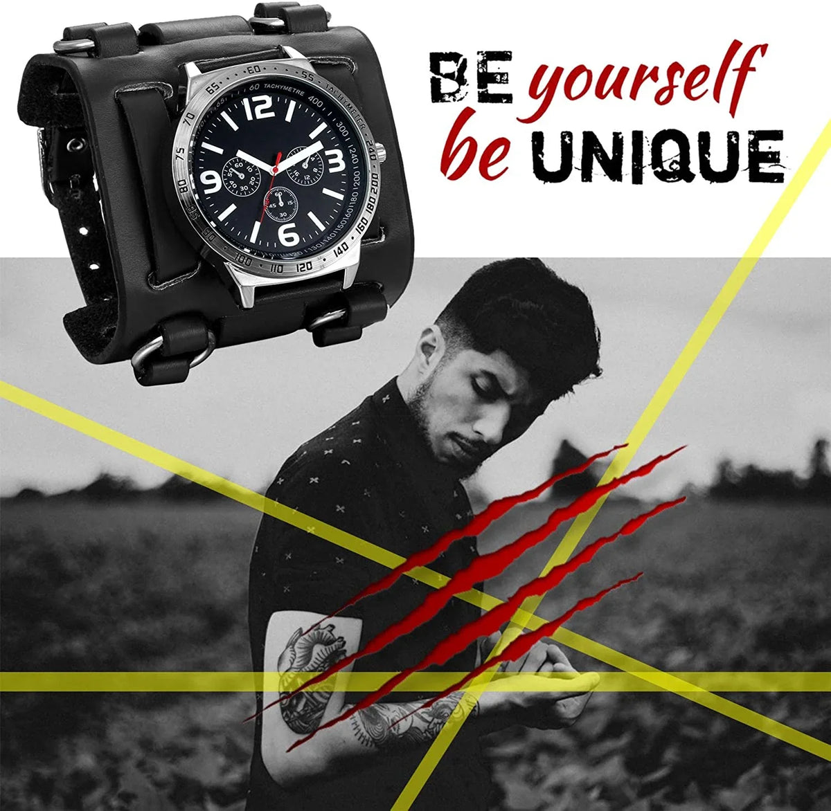Leather for Costume Watch Watches Hip-hop Big Mens Black Wide Replaceable Halloween Gothic Steampunk Quartz Japan Cuff Dial Sport Wrist Genuine Bracelet Retro Watch Military
