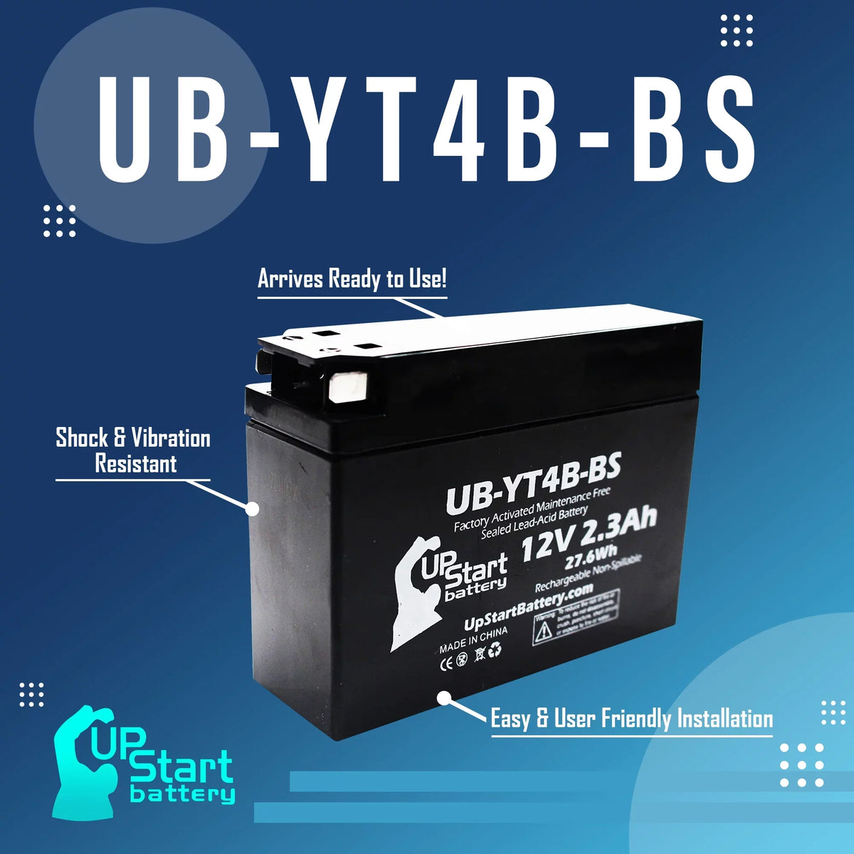 Battery for 400CC Replacement SR400 Battery 5-Pack Factory 2.3Ah, Free, UpStart Motorcycle UB-YT4B-BS - 2001 Yamaha Maintenance 12V, Activated,