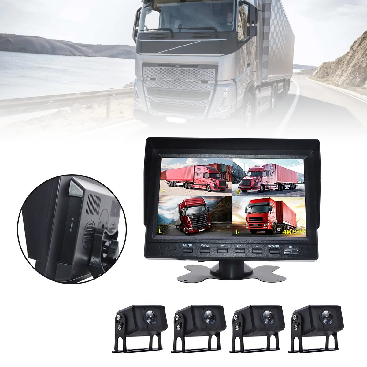 View Recorder Driving for RV Video Backup Camera Truck Monitor Bus+4 Rear DVR 7"