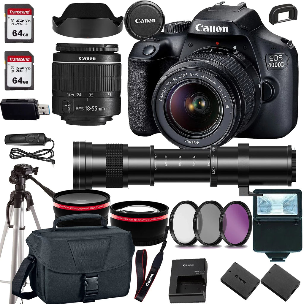 Camera HD lens+case+128Memory DSLR F/3.5-5.6 (24PC) Zoom EF-S EOS Zoom T100 Canon 4000D/Rebel w/Canon Lens+420-800mm 18-55mm Telephoto Cards