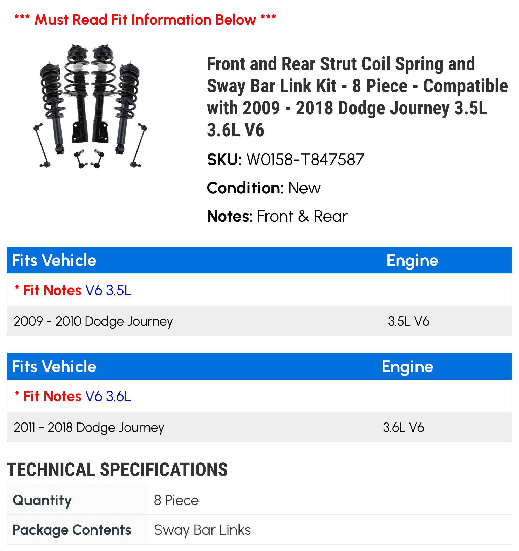 '- Journey - Kit Spring 8 Rear 2010 Piece 2012 2018 Link Dodge and Sway 2014 Compatible V6 3.6L 2013 2015 2009 2011 Coil - Front 3.5L Strut 2016 2017 Bar and with