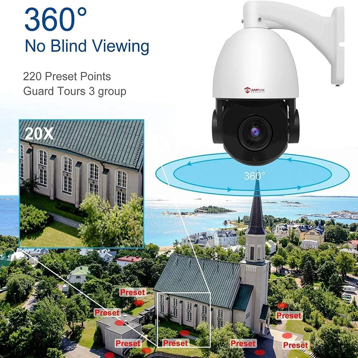 Vehicle IR Detection, Optical PTZ Mic/Audio, PTZ IP Zoom, Pan Camera Waterproof Metal, Indoor Camera 90°, Anpviz IP66 5MP Vision, Security Person Night IP 360°/Tilt Surveillance with Outdoor PoE 20X