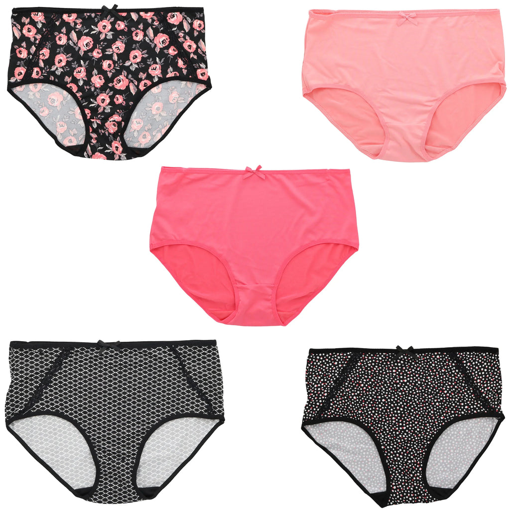 (X-Large, Plus Hot Florals) Pink Delta Intimates Sexy (5Pr) Burke Classic Women's Brief High Rise Size Panties Black