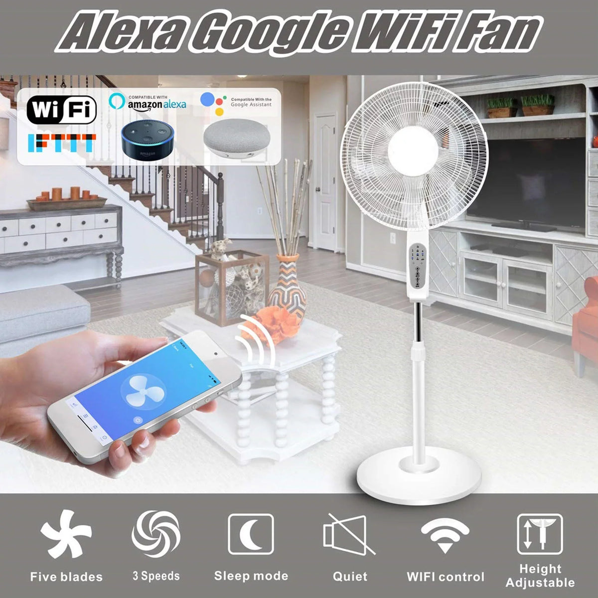 Compatibe with Pro Enabled Oscillating Home Voice Technical Alexa/Google Amazon with 16" Feature, Fan WIFI Standing