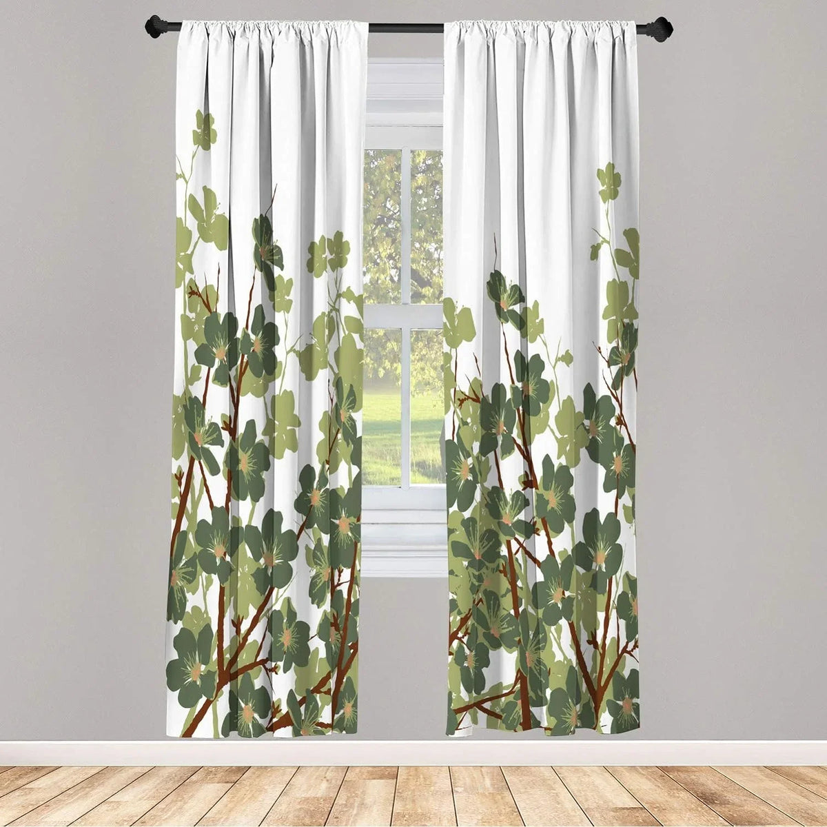 Spring Set Sakura Cherry 2-Panel Garden Window Illustration, East Reseda Rod Pair - 84", Lightweight & Curtains, X Decorative Blossoms Flower 28" Green Branches Japanese Pocket, Of