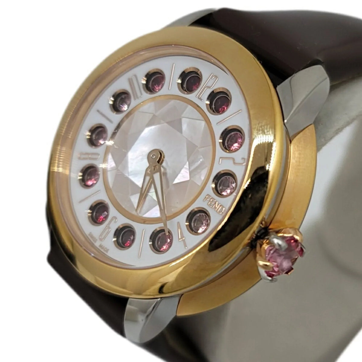 New) (Like Eye Spinel Clock Black Topaz SS Quartz FENDI Fendi Fashionable Colors Watch Enamel 3 Brown Women's Belt Shine Pre-Owned Shell