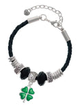 Four Leaf 7"+2" Green Bracelet, Jewelry Knot Daughter Leather Extender Lucky Celtic Translucent Delight Clover Silvertone Bead