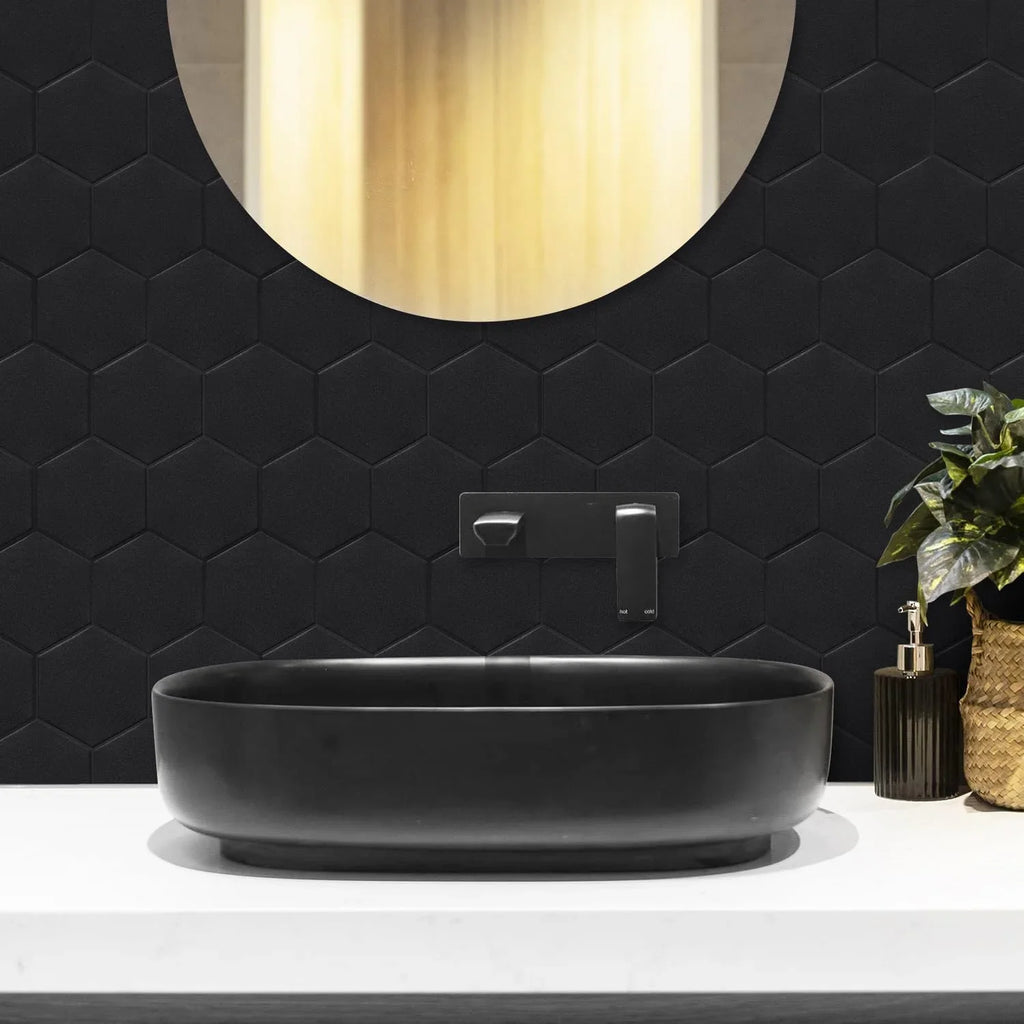 Real and Self Matte Black Tiles Bathroom(11.57''x10.35'',10-Sheet) Hexagon Big Adhesive 3D Stick Kitchen Peel PET Backsplash for