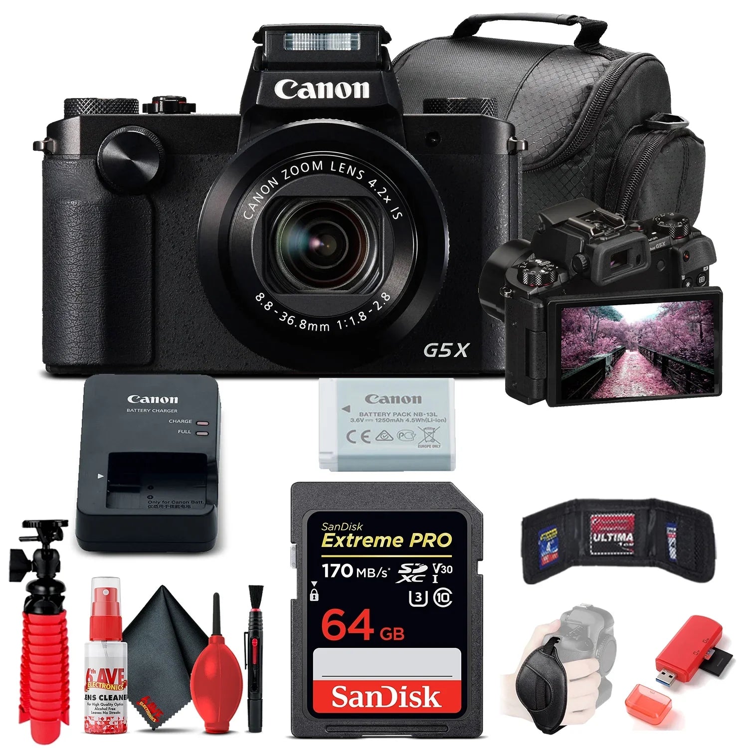 X Kit Strap, Bag, PowerShot Flex Tripod, Soft (0510C001), Model) Card, Memory Canon Cleaning Deluxe (International Hand Digital Card Reader, Camera 64GB Wallet, G5