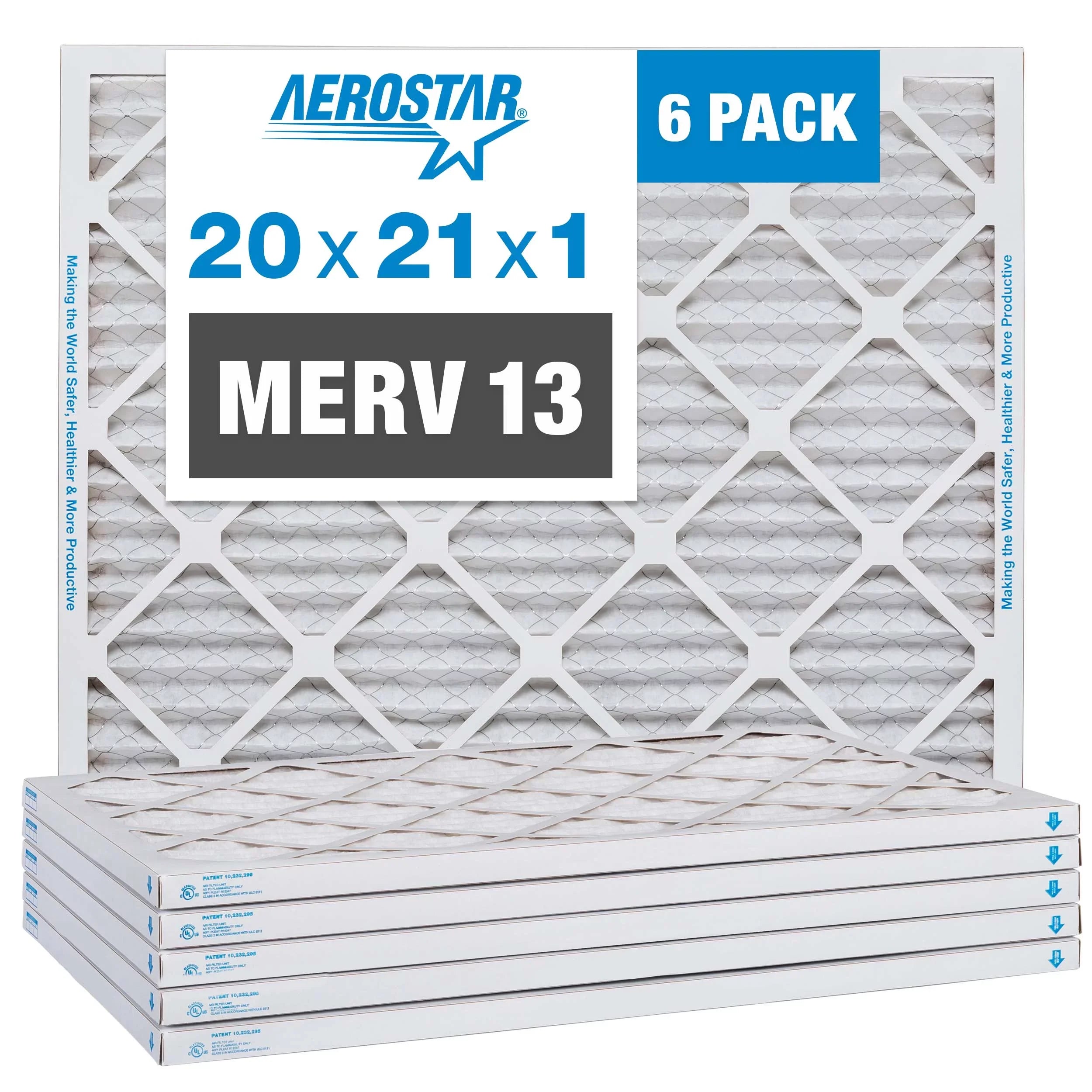 Air Furnace Aerostar Filter, 13 AC 6 20x21x1 Pack Filter, MERV Air Pleated
