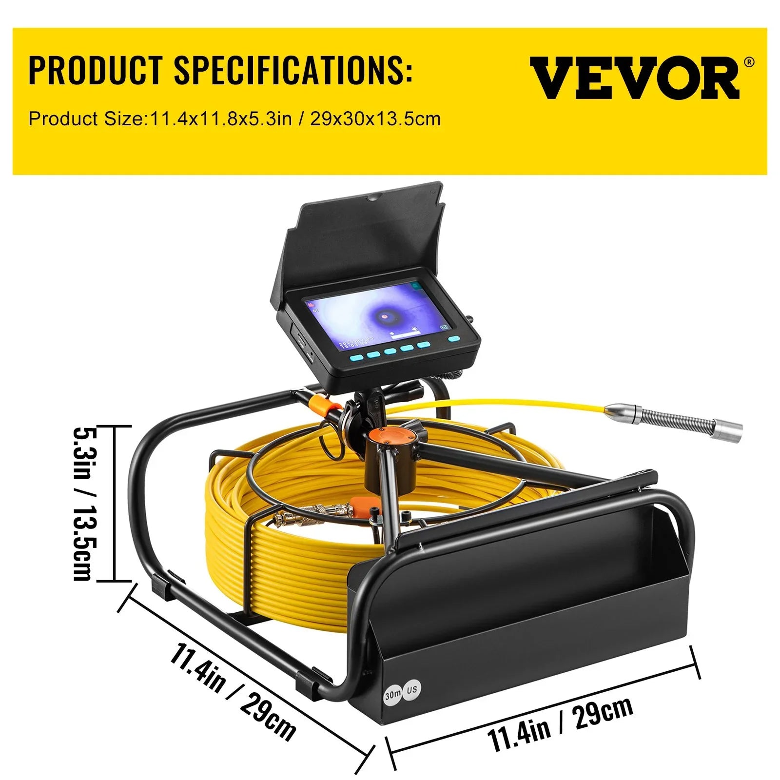 LCD Waterproof LEDs, 6 Inspection DVR 98.4 VEVOR Monitor, Cable, Function, 4.3 Battery, 8500mAh - Camera Camera IP68, Inch FT 30M Pipeline Sewer