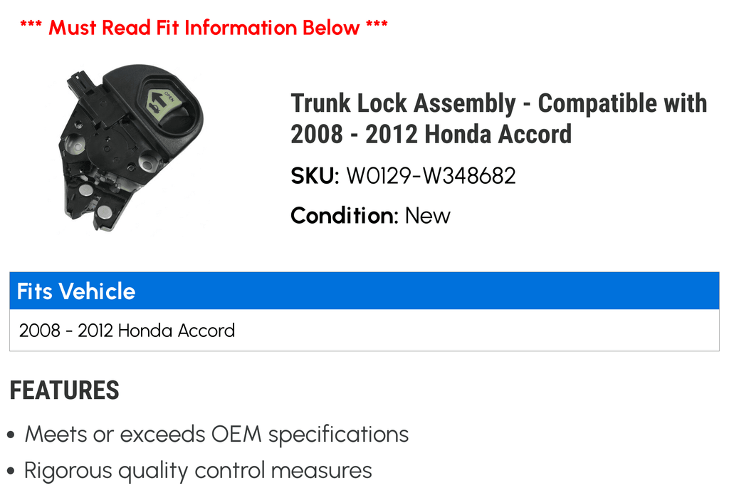2009 Trunk 2011 2008 Honda 2012 2010 Assembly Lock with Compatible Accord - -