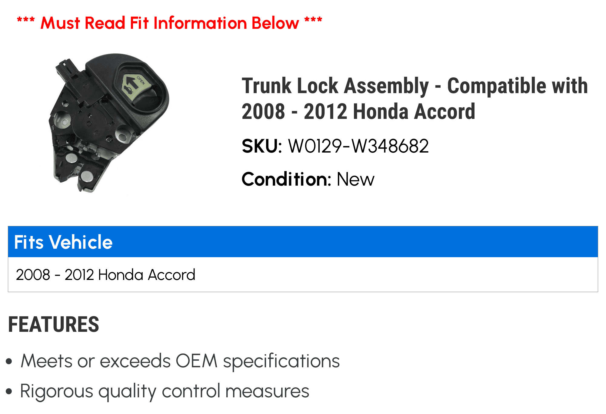 2009 Trunk 2011 2008 Honda 2012 2010 Assembly Lock with Compatible Accord - -