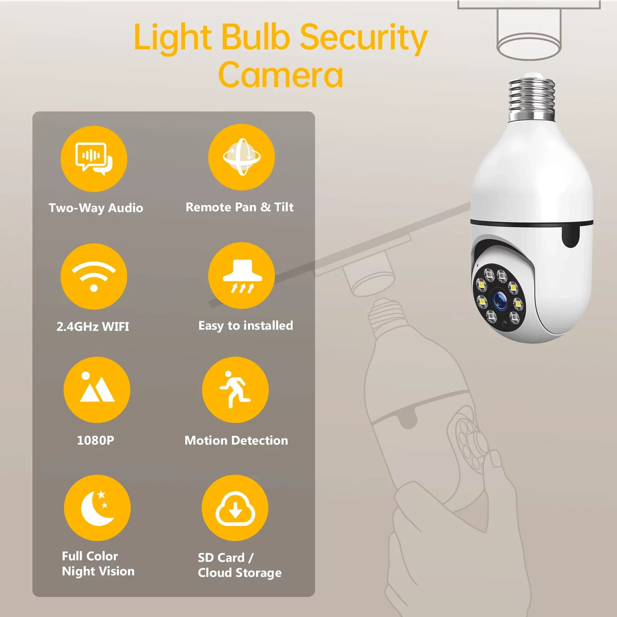 Wireless Camera Outdoor, Remote Wifi 2-Way Security E27 Detection Vision 360° 1080P Color Audio Night Dome Motion Access (2PCS) Camera TOGUARD Light IP Camera with Bulb 2.4G