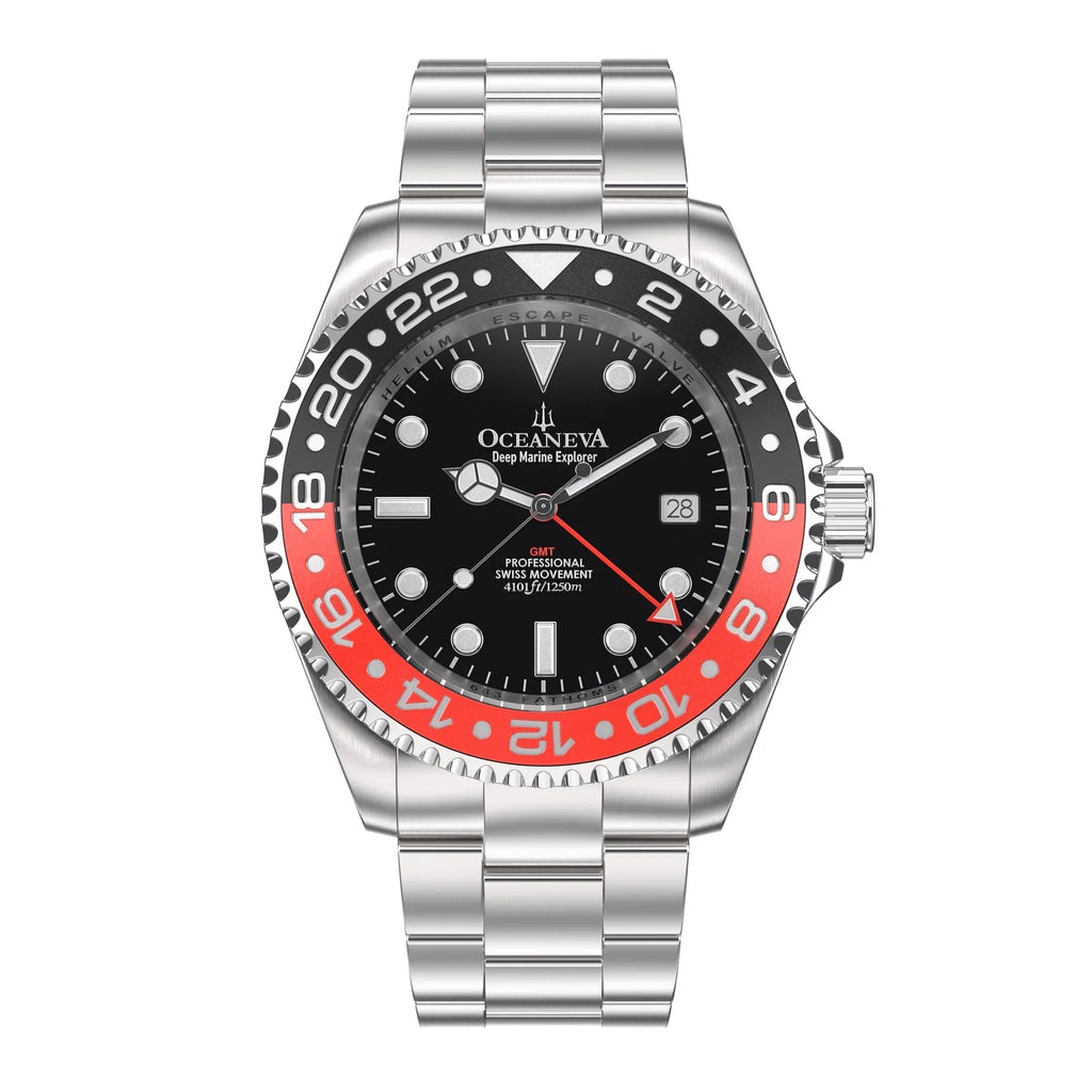 Men's Marine Diver Stainless and Explorer Swiss Movement 1250M Black- Watch Pro Bracelet Steel Oceaneva™ GMT Quartz, Red Deep