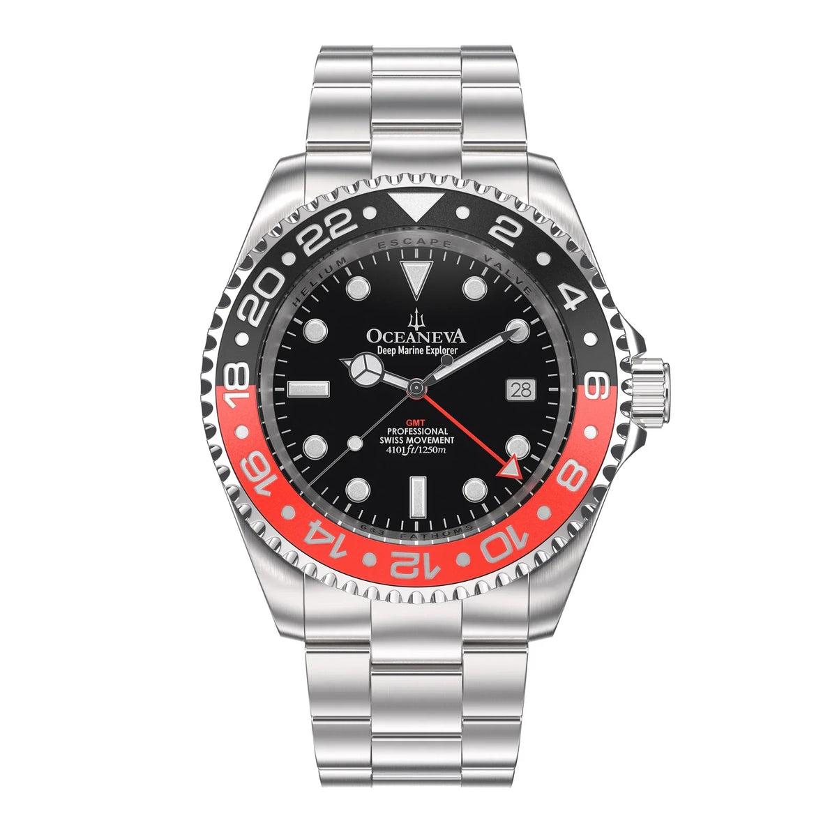 Men's Marine Diver Stainless and Explorer Swiss Movement 1250M Black- Watch Pro Bracelet Steel Oceaneva™ GMT Quartz, Red Deep