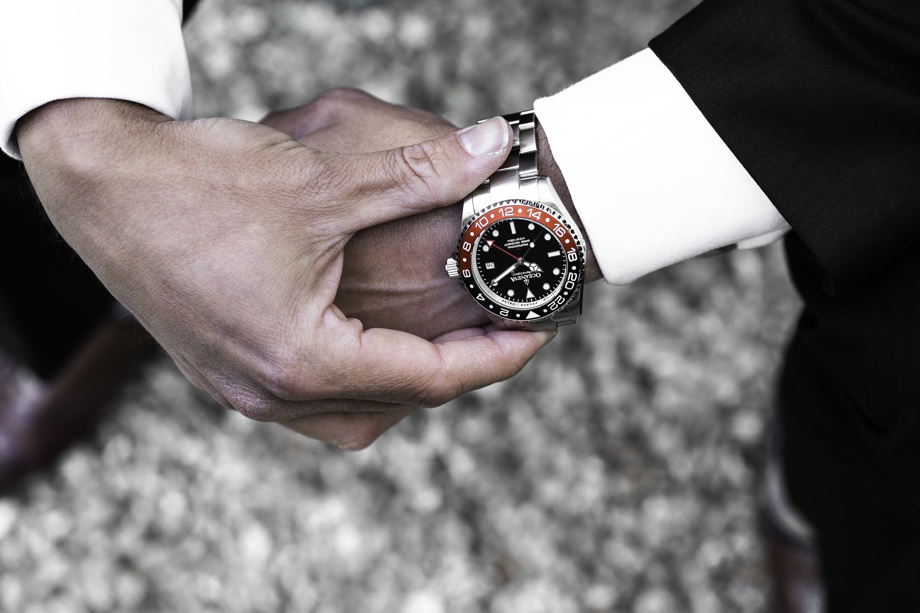 Men's Marine Diver Stainless and Explorer Swiss Movement 1250M Black- Watch Pro Bracelet Steel Oceaneva™ GMT Quartz, Red Deep