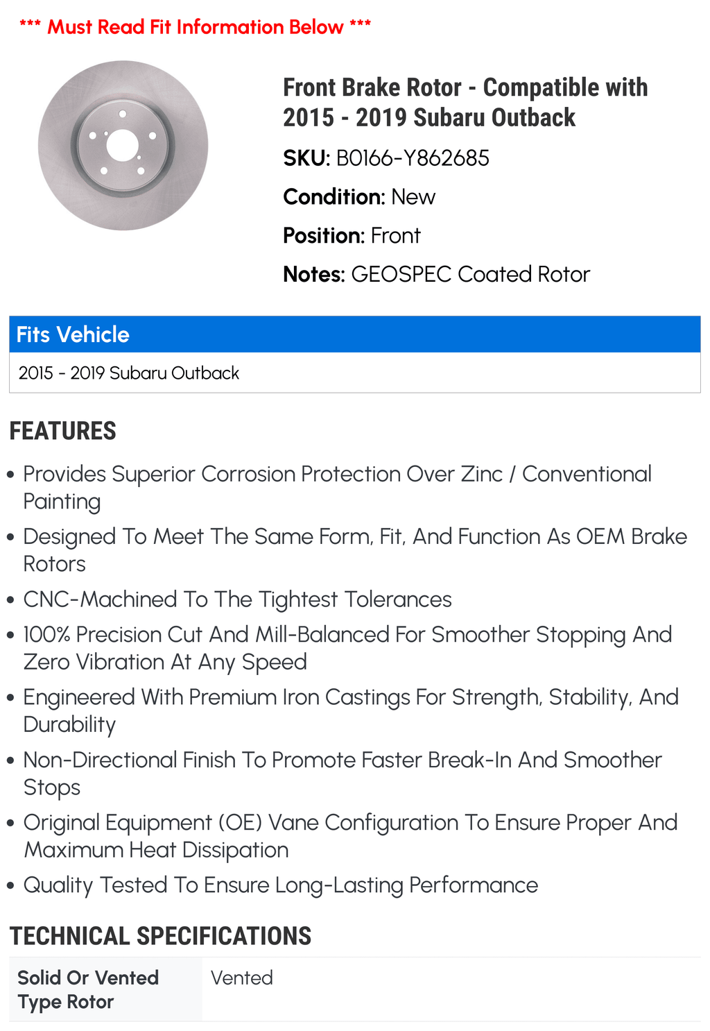 '- 2018 Front Rotor Outback 2019 2016 - Brake with Subaru 2015 2017 Compatible
