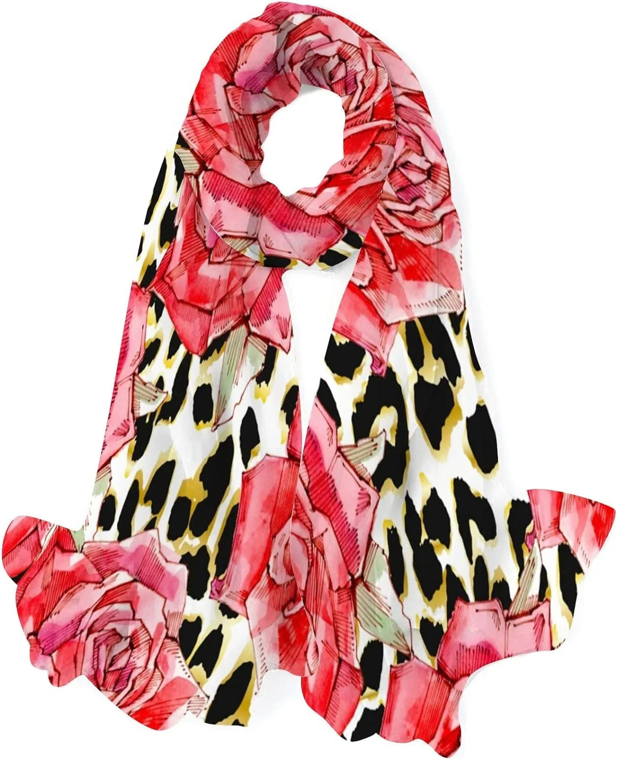 Women Roses Shawl Wrap Girls Neck for Red Watercolor Silk Long Scarves Hyjoy Lightweight Scarf Print