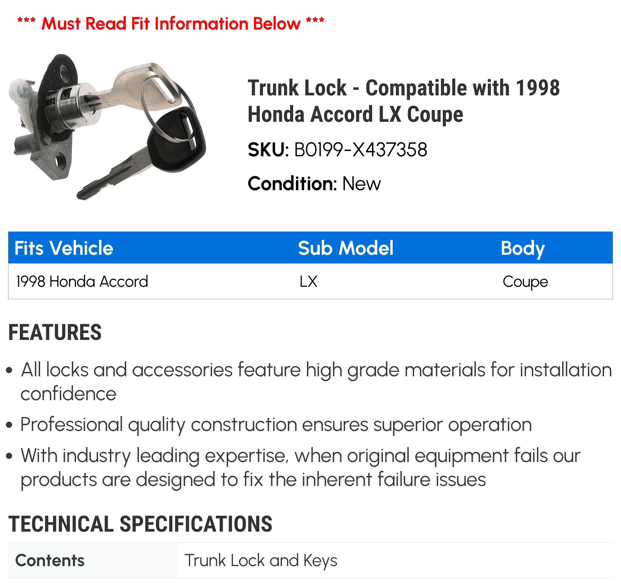 Lock Honda 1998 Coupe Trunk LX Accord - Compatible with