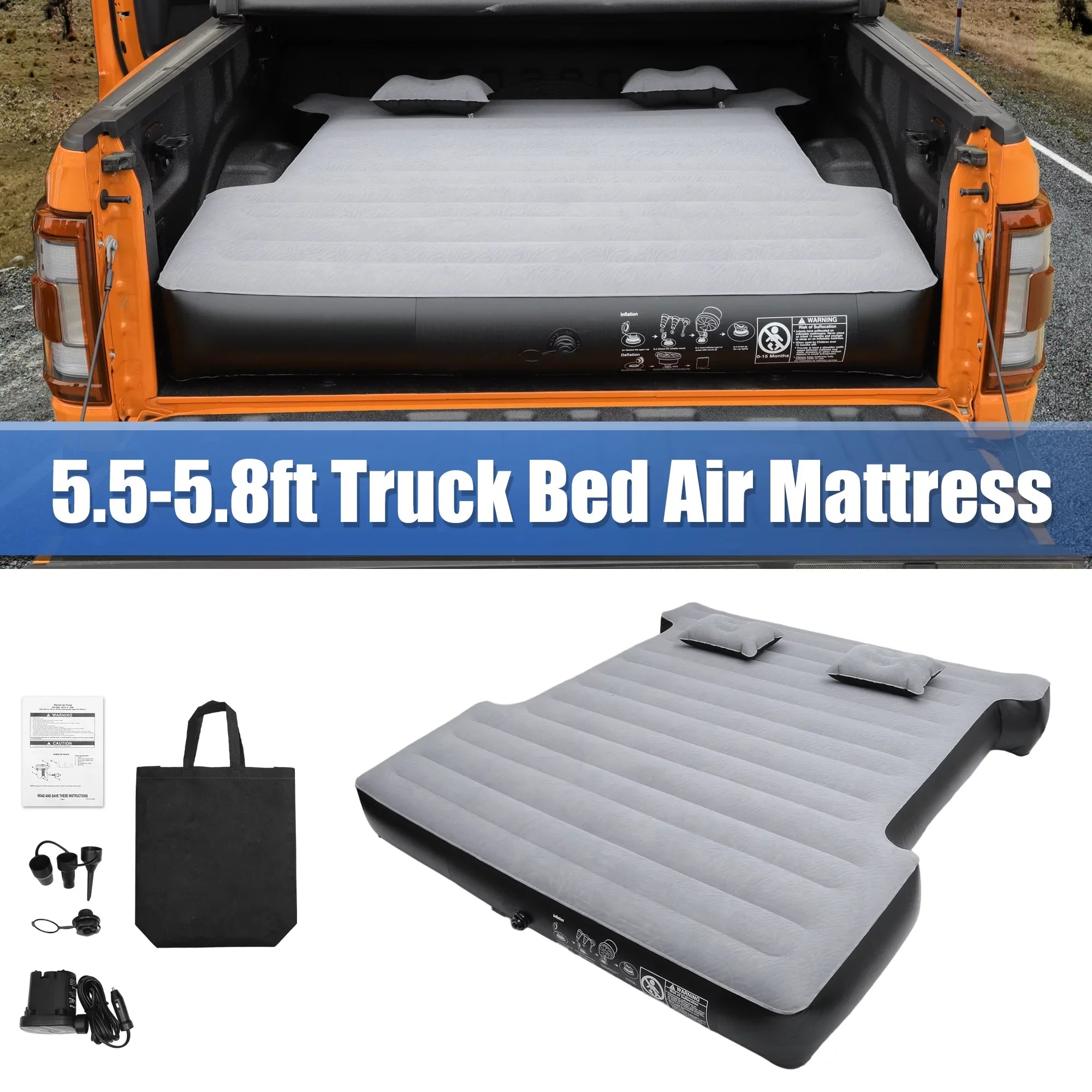 5.5-5.8ft Inflatable Bed Short Pump Truck Electric Universal Bargains Full-Size Air Kit Thickened Unique PVC Gray with