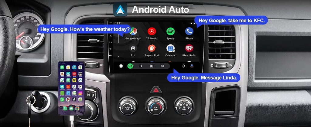 Dodge Android FM BT Touchscreen Double Screen Auto GPS Din Carplay RAM 2+32G 10 Navi 9 inches Camera Android Stereo IPS Radio Backup 1500/2500/3500 for Car Car with 2013-2018 & Support