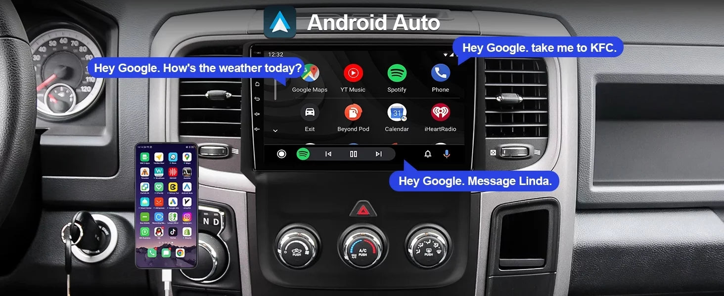 Dodge Android FM BT Touchscreen Double Screen Auto GPS Din Carplay RAM 2+32G 10 Navi 9 inches Camera Android Stereo IPS Radio Backup 1500/2500/3500 for Car Car with 2013-2018 & Support