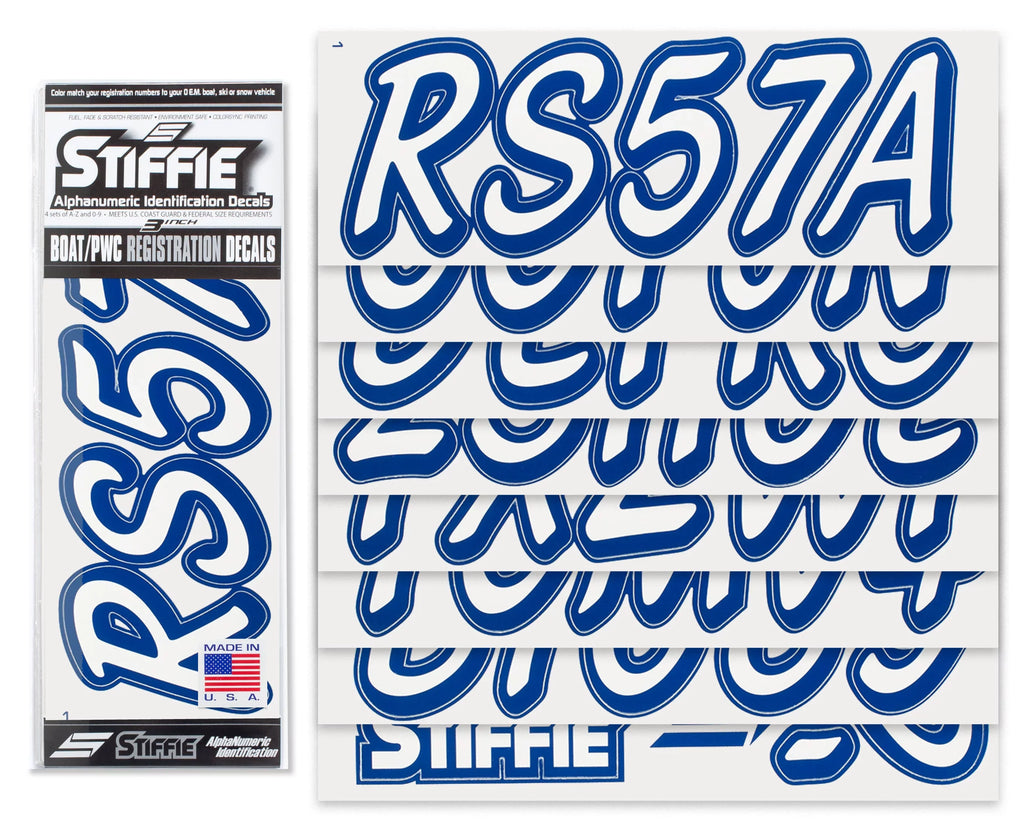 Registration & Numbers Stickers Decals White/Navy Whipline Alpha-Numeric Identification Personal STIFFIE Boats Watercraft Solid 3" for