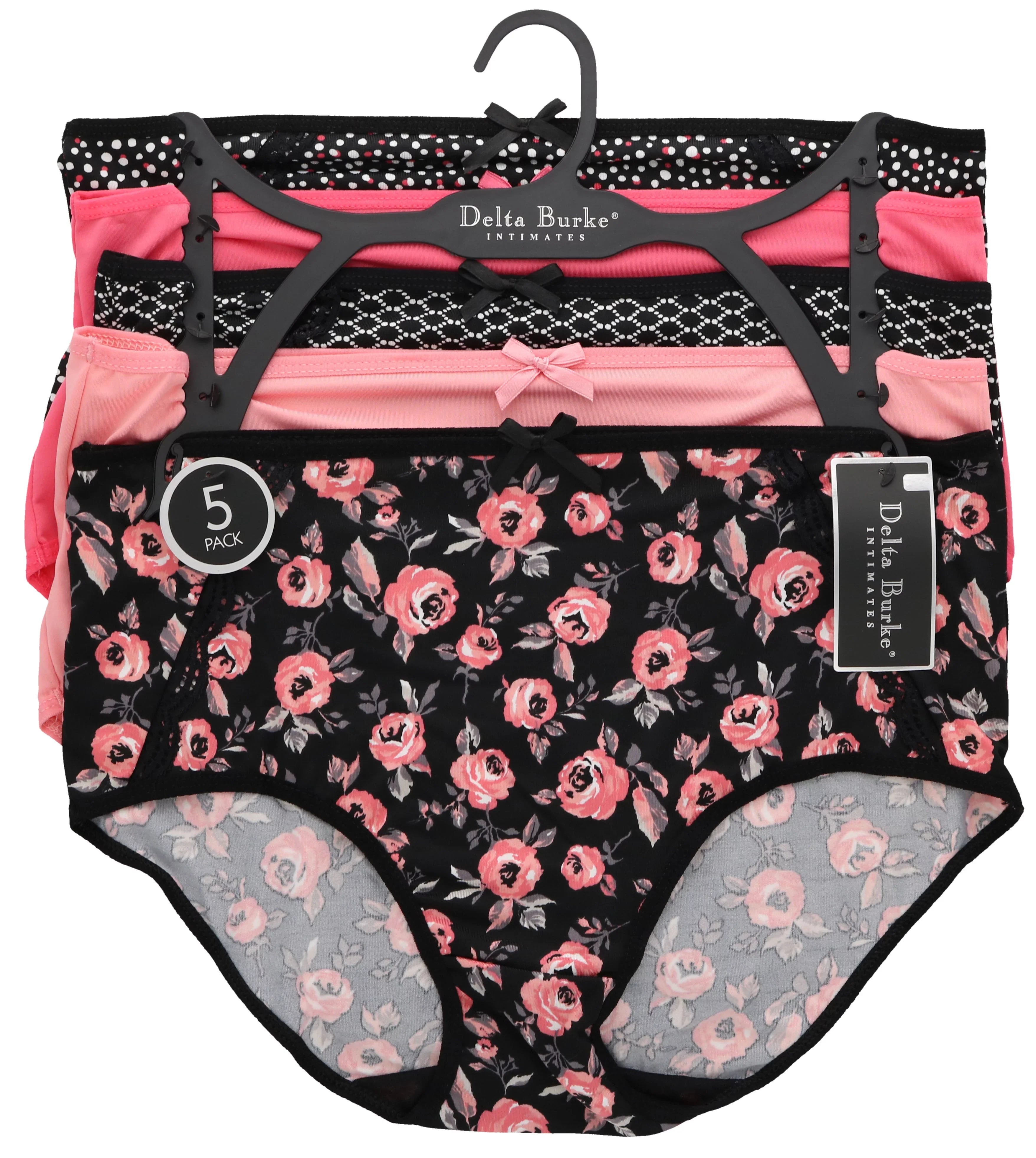 (X-Large, Plus Hot Florals) Pink Delta Intimates Sexy (5Pr) Burke Classic Women's Brief High Rise Size Panties Black
