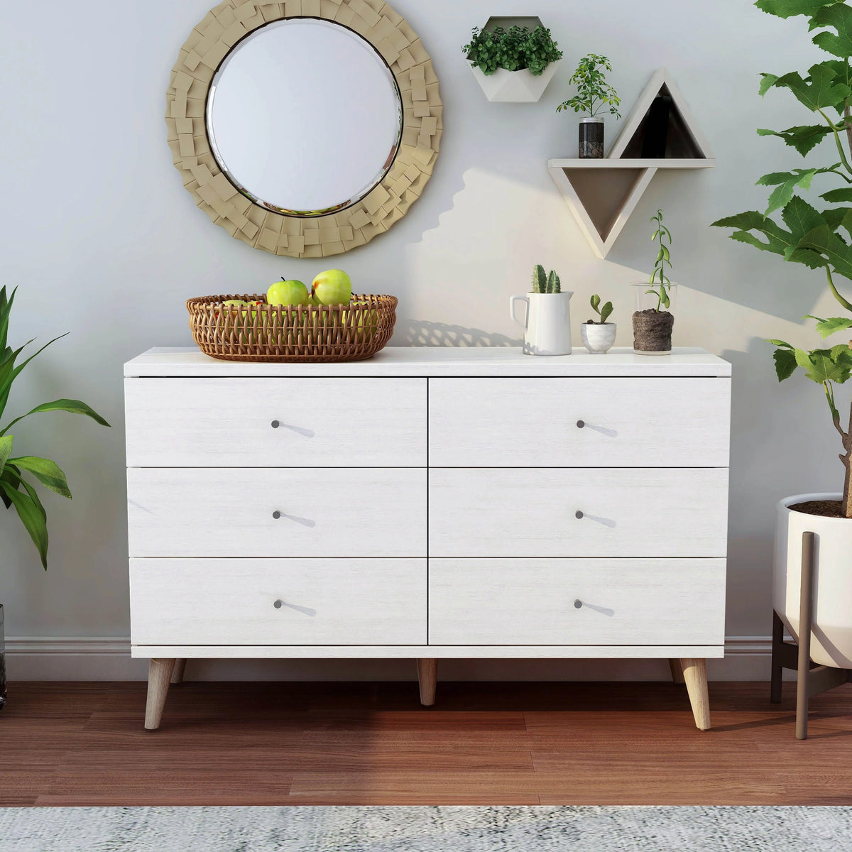 Knobs Modern 47-inch by BASIC Dresser White 6-Drawer Denhour Mid-Century with DH Wide