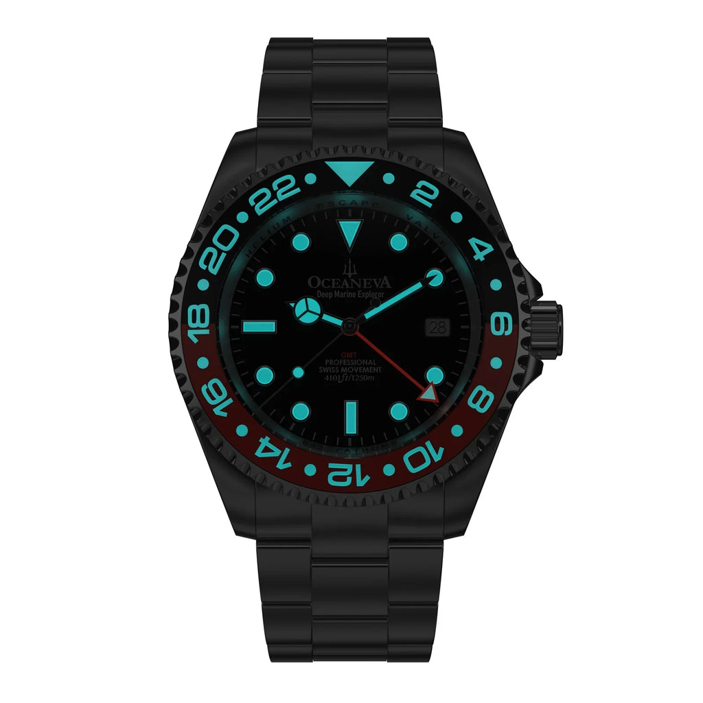 Men's Marine Diver Stainless and Explorer Swiss Movement 1250M Black- Watch Pro Bracelet Steel Oceaneva™ GMT Quartz, Red Deep
