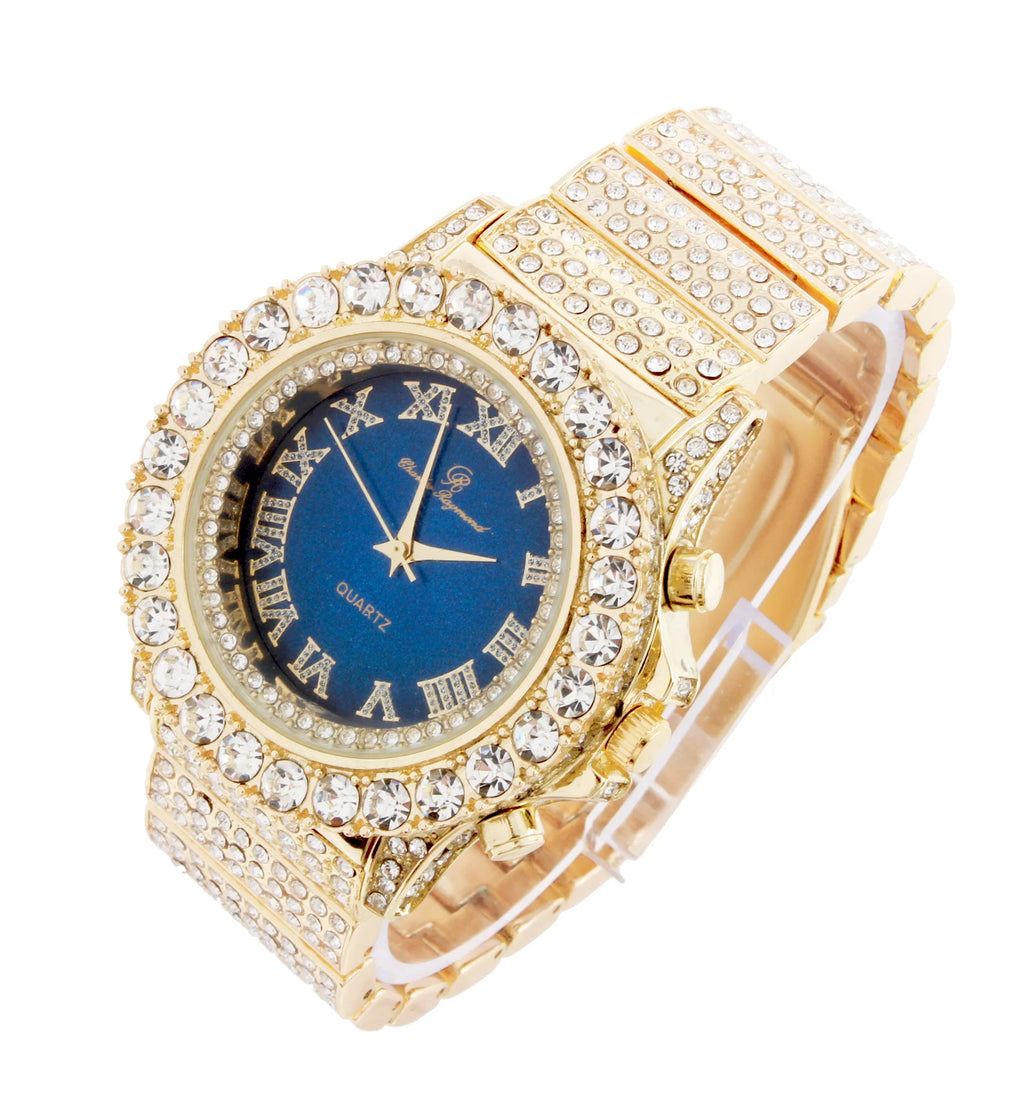 dial Bling'ed Hop Iced-out Rolly Men's ST10238 Thick Hip Raymond Charles Oversize - Look band Metal Silver Blast Out on Wristwatch-