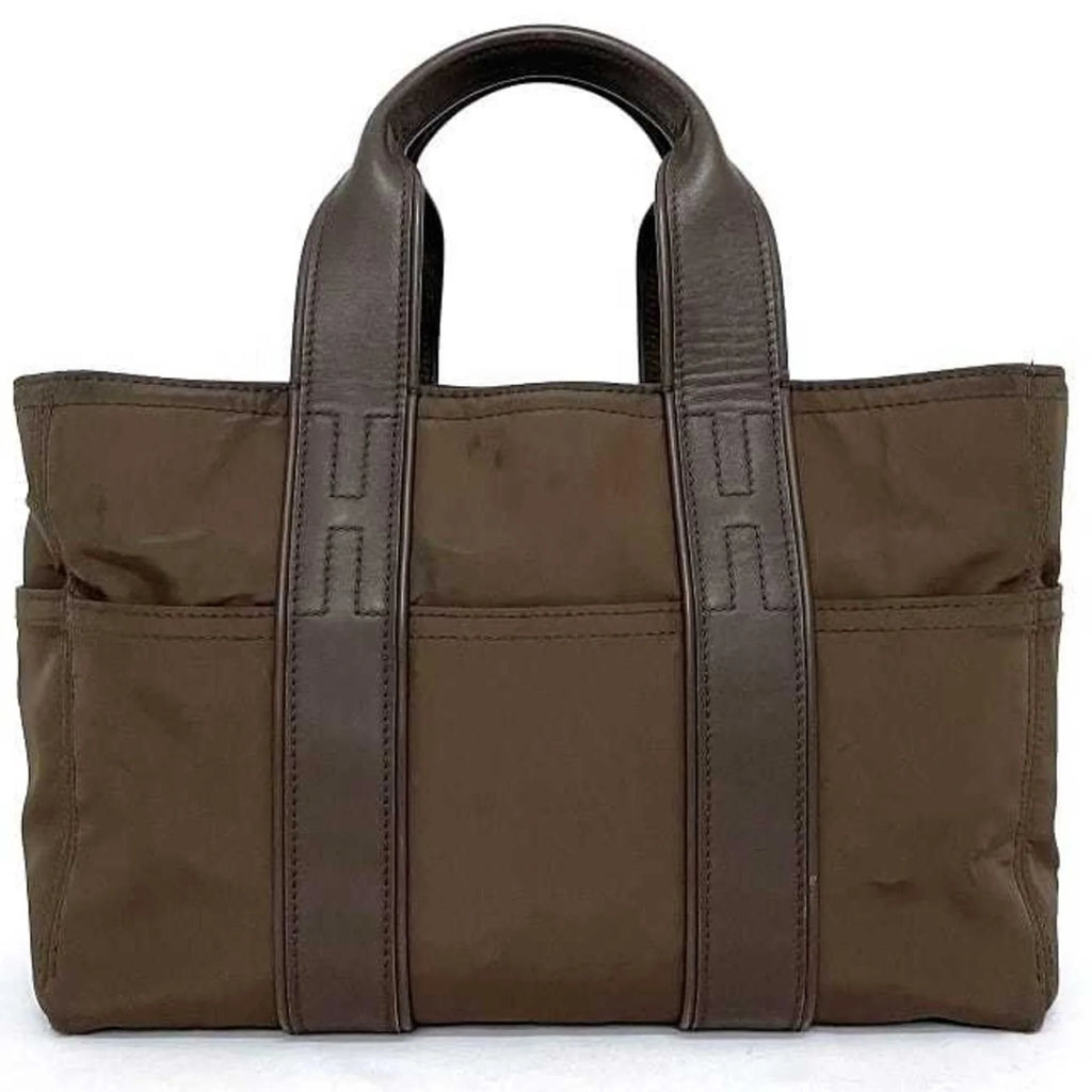 Leather PM Brown Silver HERMES Handbag Nylon Pre-Owned Women's Acapulco Tote Hermes (Fair) Bag