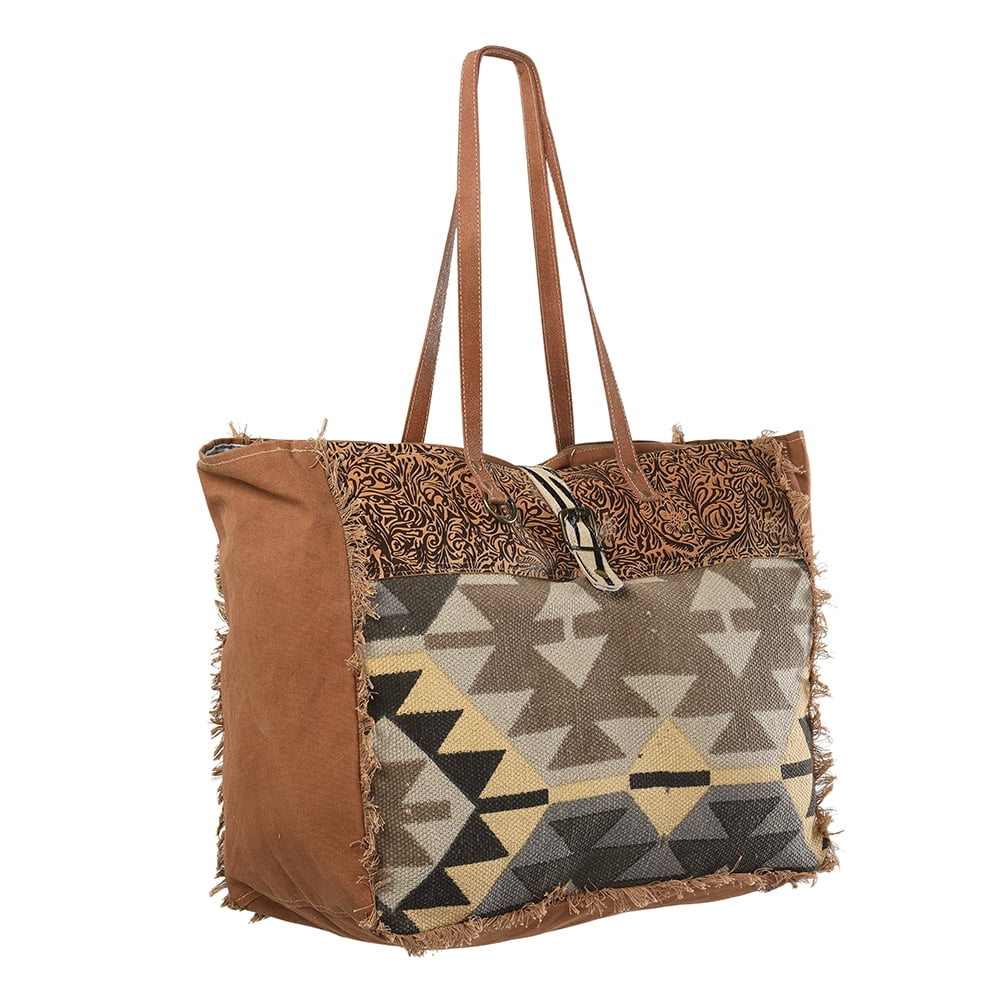 OHLAY Genuine KB Upcycled Wool women bag KB228 Leather western Embossed handbag TOTE Canvas Upcycled purse