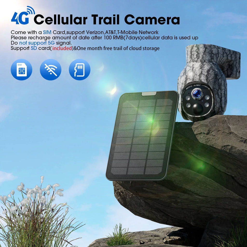 Trail PIR Motion, Vision, 360°Pan Cellular Storage, View, Wireless Card 2K 90°Tilt, with WiFi LTE, Camera &SD with No 4G Night Solar Waterproof, Cloud Live Cam Hunting CAMPARK SIM Camera Game Security