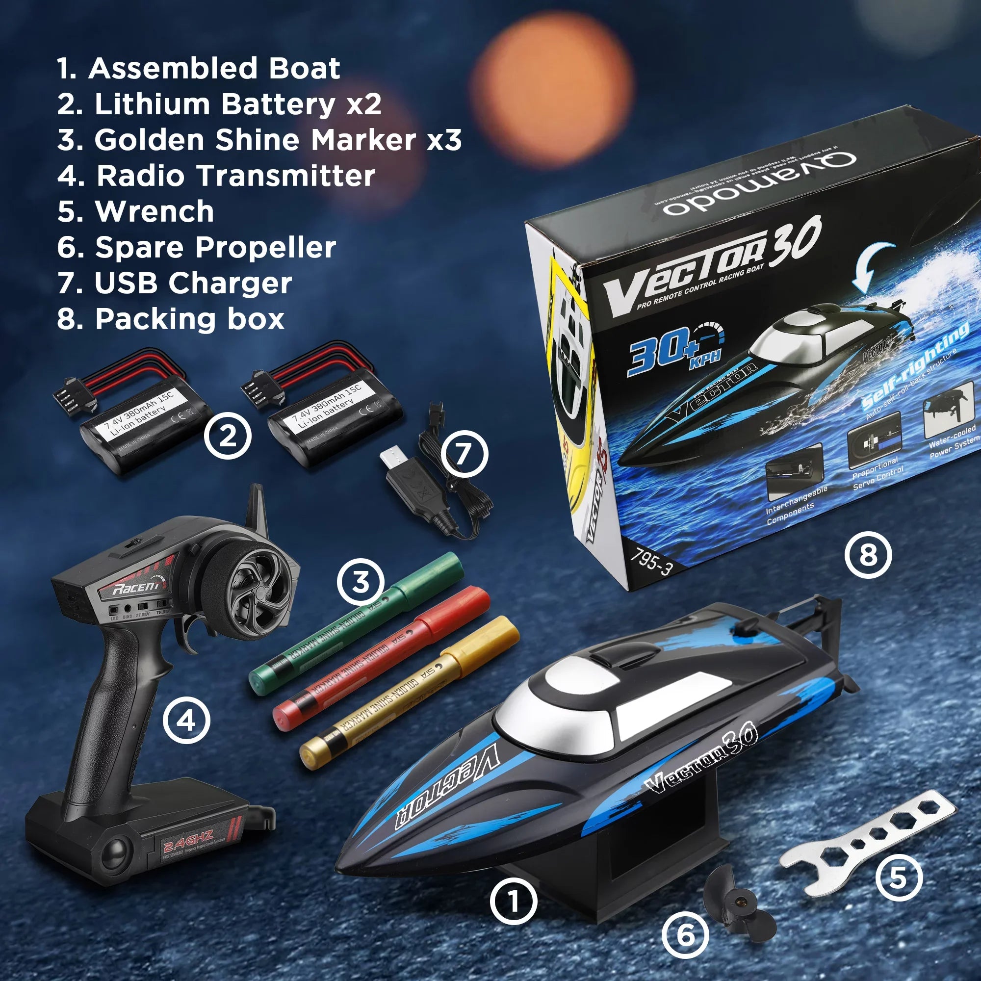 Controlled Lakes, Campmoy (Dark & Boat Venom RC Blue) Adults, Righting Remote for Kids Pools W/Extra Control Udi001 Fast for Boat Remote & Self Boat Battery