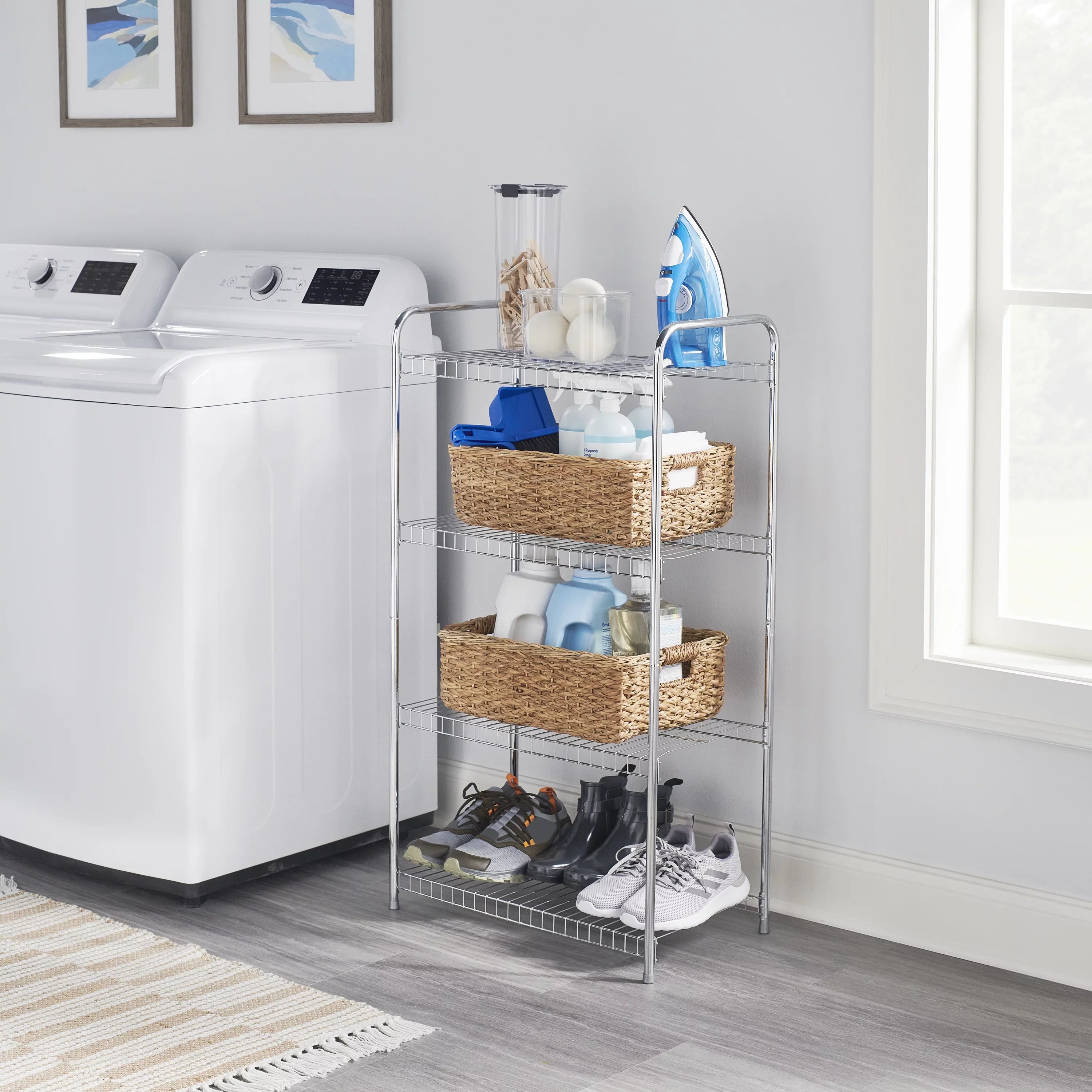 Nickel. Satin Unit, Wire Multipurpose Rubbermaid 4-Tier Shelving Freestanding