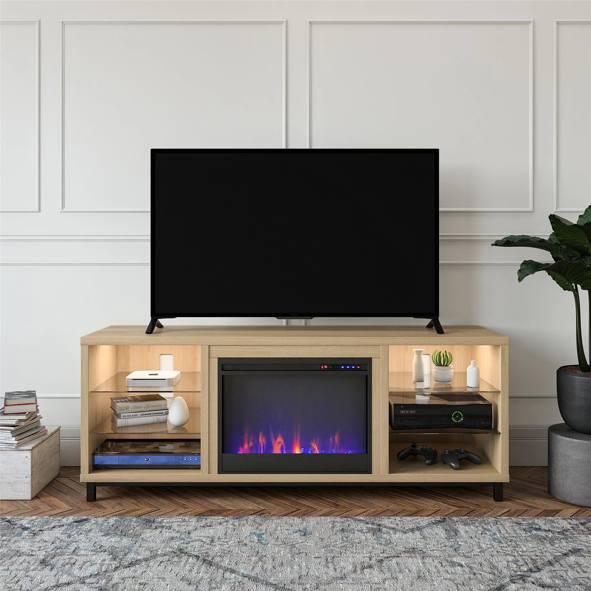 Stand Home Blonde TV to up in for Ameriwood TVs Lumina Deluxe 70" Oak Fireplace