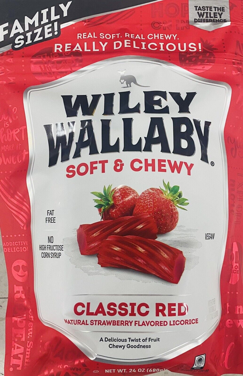 FAMILY Soft SIZE Chewy Licorice Wallaby STRAWBERRY Oz Classic Bag Wiley 24 Red &